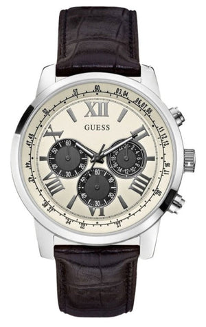 Guess Chronograph Quartz White Dial Brown Leather Strap Watch For Men - W0380G1 Buy Now By Guess