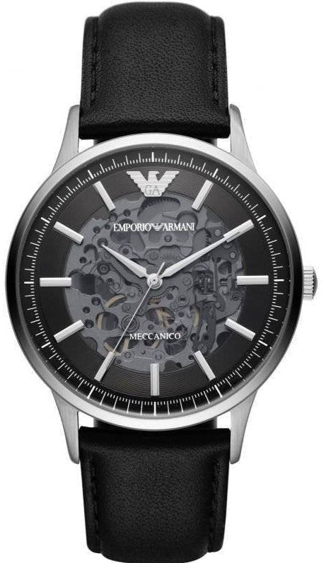 Emporio Armani Meccanico Skeleton Automatic Black Dial Black Leather Strap Watch for Men - AR60038 Buy Now By Emporio Armani