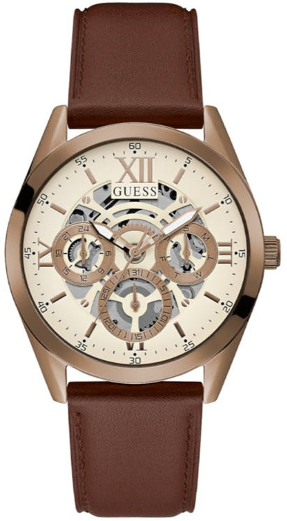 Guess Multi-Function Chronograph White Dial Brown Leather Strap Watch For Men - GW0389G8 Buy Now By Guess