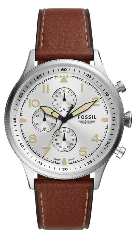 Fossil Retro Pilot Chronograph Silver Dial Brown Leather Strap Watch for Men - FS5809 Buy Now By Fossil