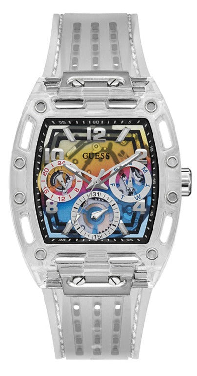 Guess Phoenix Polycarbonate Clear Multi-function Black Dial Clear Rubber Strap Watch for Men - GW0499G3 Buy Now By Guess