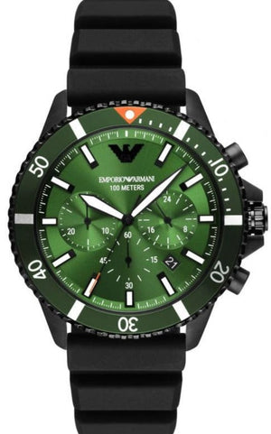 Emporio Armani Diver Chronograph Quartz Green Dial Black Silicon Strap Watch For Men - AR11463 Buy Now By Emporio Armani