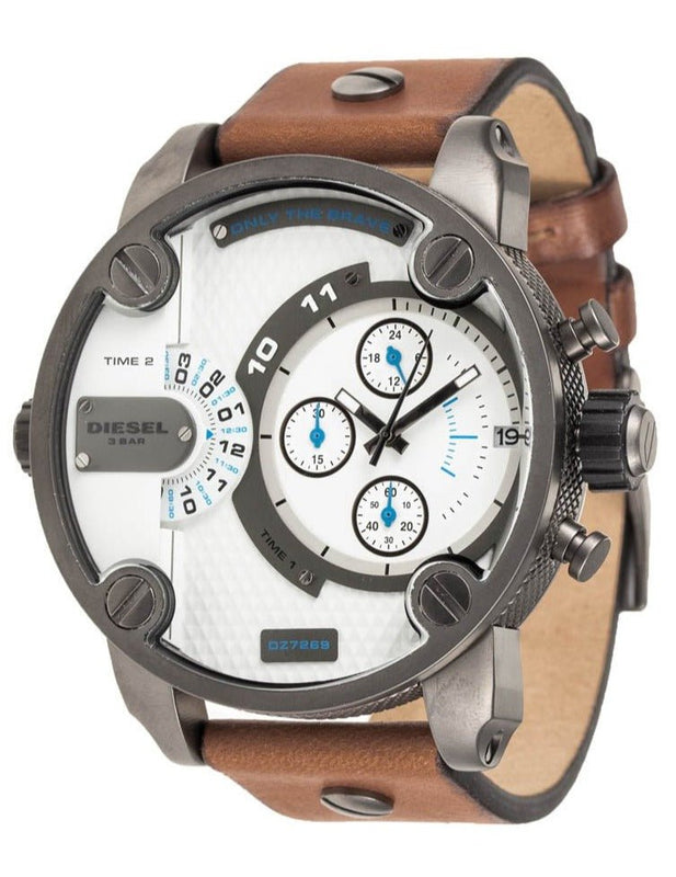 Diesel SBA Dual Time Chronograph White Dial Brown Leather Strap Watch For Men - DZ7269 Buy Now By Diesel