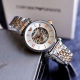 Emporio Armani Gianni T Bar Silver Skeleton Dial Two Tone Strap Watch For Women - AR1992 Buy Now By Emporio Armani