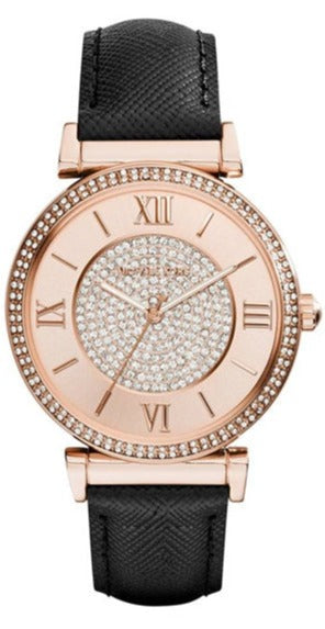 Michael Kors Catlin Rose Gold Crystal Dial Black Leather Strap Watch for Women - MK2376 Buy Now By Michael Kors