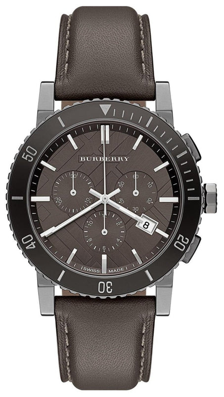 Burberry The City Chronograph Ion Plated Grey Dial Grey Leather Strap Watch for Men - BU9384 Buy Now By Burberry
