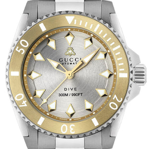Gucci Dive Automatic 18K Gold Silver Dial Silver Steel Strap Watch for Men - YA136357 Buy Now By Gucci