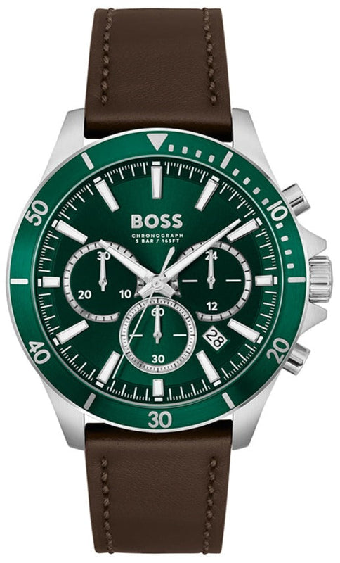 Hugo Boss Troper Chronograph Green Dial Brown Leather Strap Watch For Men - 1514098 Buy Now By Hugo Boss