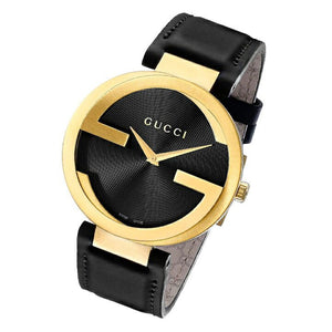 Gucci Interlocking G Gold Black Dial Black Leather Strap Unisex Watch - YA133326 Buy Now By Gucci