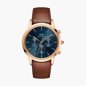 Daniel Wellington Iconic Chronograph Blue Dial Brown Leather Strap Watch For Men - DW00100639 Buy Now By Daniel Wellington