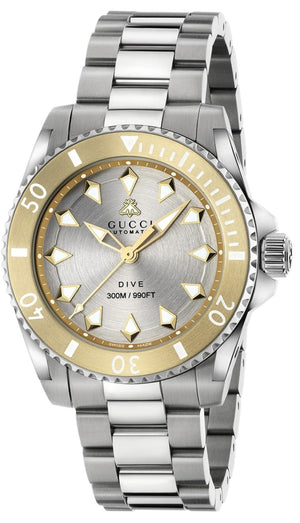Gucci Dive Automatic 18K Gold Silver Dial Silver Steel Strap Watch for Men - YA136357 Buy Now By Gucci