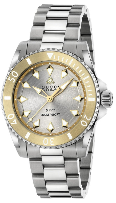 Gucci Dive Automatic 18K Gold Silver Dial Silver Steel Strap Watch for Men - YA136357 Buy Now By Gucci