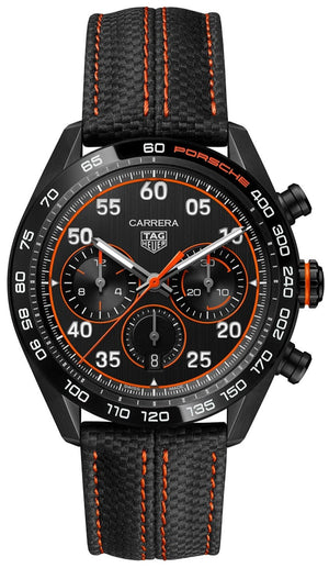 Tag Heuer Carrera Chronograph Porsche Orange Racing 44mm Black Dial Black Nylon Strap Watch for Men - CBN2A1M.FC6526 Buy Now By Tag Heuer