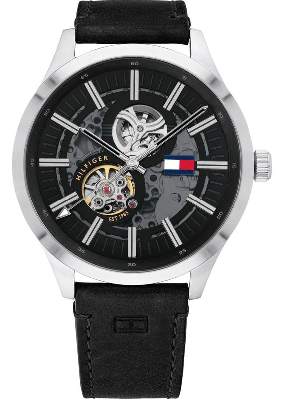 Tommy Hilfiger Spencer Skeleton Black Dial Black Leather Strap Watch for Men - 1791641 Buy Now By Tommy Hilfiger