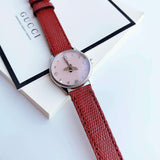 Gucci G Timeless Quartz Diamonds Pink Dial Red Leather Strap Watch For Women - YA1265017 Buy Now By Gucci