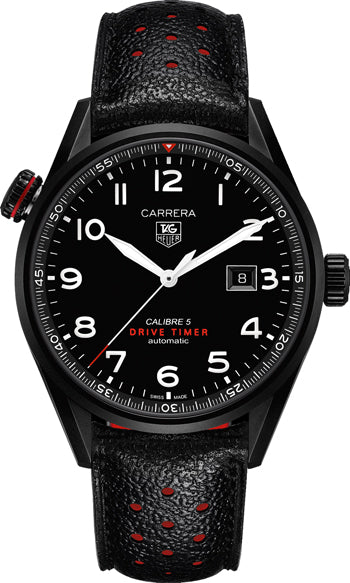 Tag Heuer Carrera Calibre 5 Drive Timer Black Dial Black Leather Strap Watch for Men - WAR2A80.FC6337 Buy Now By Tag Heuer