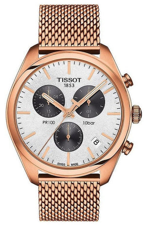 Tissot T Classic PR 100 Chronograph Silver Dial Rose Gold Mesh Bracelet Watch For Men - T101.417.33.031.01 Buy Now By Tissot