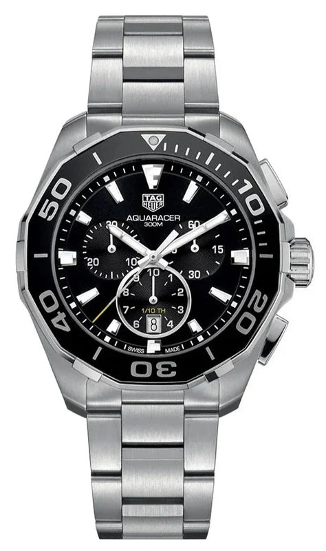 Tag Heuer Aquaracer Quartz Chronograph Black Dial Silver Steel Strap Watch for Men - CAY111A.BA0927 Buy Now By Tag Heuer