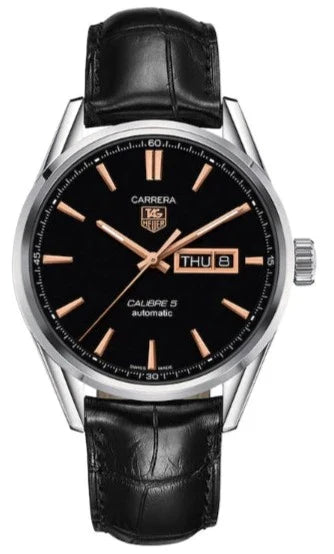 Tag Heuer Carrera Calibre 5 Automatic Black Dial Black Leather Strap Watch for Men - WAR201C.FC6266 Buy Now By Tag Heuer