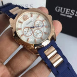 Guess Interpid White & Rose Gold Dial Blue Silicone Strap Watch For Women - W0325L8 Buy Now By Guess