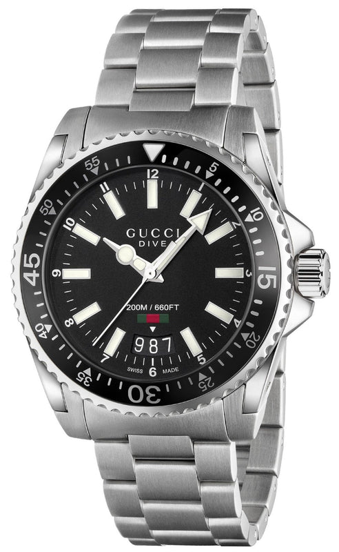 Gucci Dive Quartz Black Dial Silver Steel Strap Watch For Men - YA136301 Buy Now By Gucci