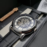 Emporio Armani Luigi Silver Skeleton Dial Black Leather Strap Watch For Men - AR1981 Buy Now By Emporio Armani