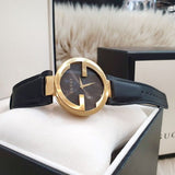 Gucci Interlocking G Gold Black Dial Black Leather Strap Unisex Watch - YA133326 Buy Now By Gucci