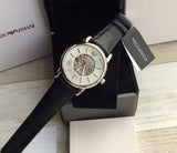 Emporio Armani Meccanico Silver Skeleton Dial Black Leather Watch For Men - AR1997 Buy Now By Emporio Armani