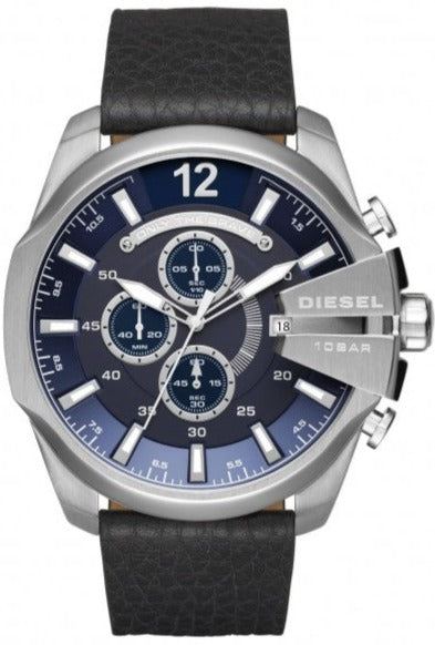 Diesel Mega Chief Chronograph Blue Dial Black Leather Strap Watch For Men - DZ4423 Buy Now By Diesel