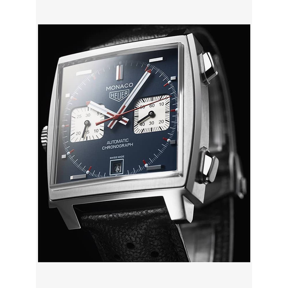 Tag Heuer Monaco Automatic Chronograph Blue Dial Black Leather Strap Watch for Men - CAW211P.FC6356