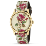Gucci G Timeless Floral Gold Dial White Leather Strap Watch For Women - YA1264084 Buy Now By Gucci