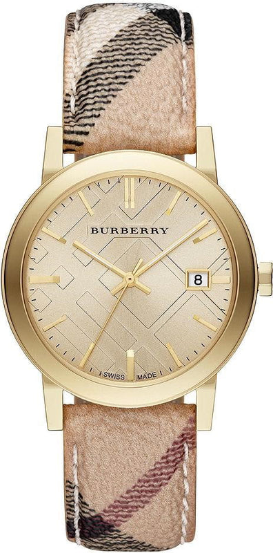 Burberry The City Gold Dial Haymarket Brown Leather Strap Watch for Women - BU9026 Buy Now By Burberry