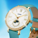 Fossil Jacqueline Analog Moonphase Mother of Pearl White Dial Green Leather Strap Watch for Women - ES5168 Buy Now By Fossil
