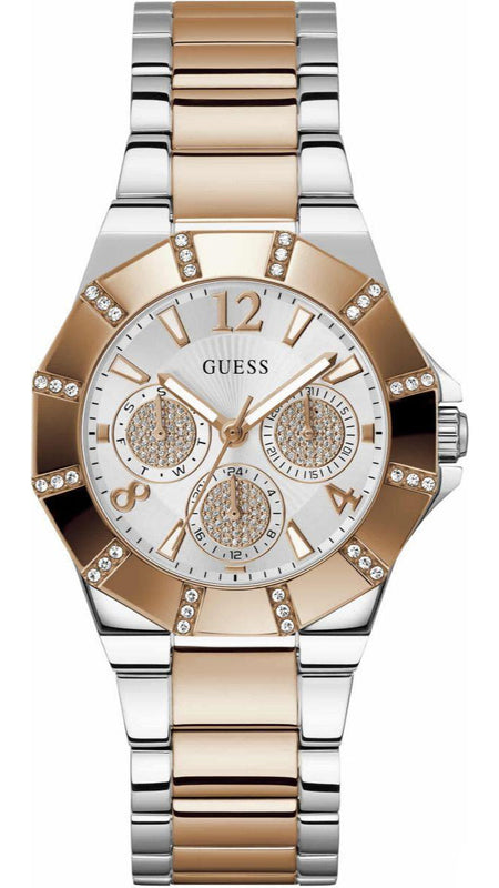 Guess Sunray Multifunction Crystals Silver Dial Two Tone Steel Strap Watch For Women - GW0616L3 Buy Now By Guess