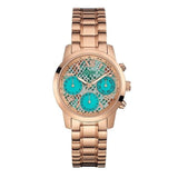 Guess Mini Sunrise Multi Function Analog Turquoise Dial Rose Gold Steel Strap Watch For Women - W0448L8 Buy Now By Guess