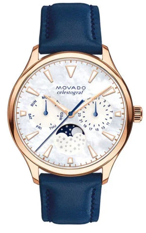 Movado Heritage Celestograf White Mother of Pearl Dial Blue Leather Strap Watch For Women - 3650011 Buy Now By Movado