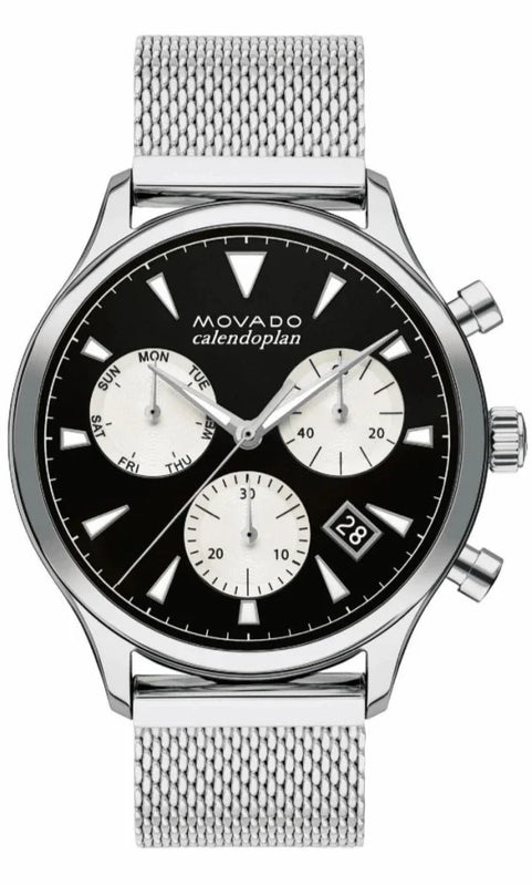 Movado Heritage Calendoplan Chronograph Black Dial Silver Mesh Strap Watch for Men - 3650097 Buy Now By Movado