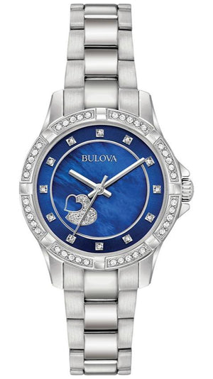 Bulova Crystal Collection Blue Mother of Pearl Dial Silver Steel Strap Watch for Women - 96L238 Buy Now By Bulova
