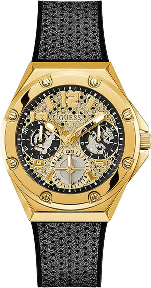 Guess Asteria Multifunction Gold Dial Black Rubber Strap Watch For Women - GW0620L2 Buy Now By Guess