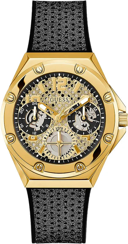 Guess Asteria Multifunction Gold Dial Black Rubber Strap Watch For Women - GW0620L2 Buy Now By Guess