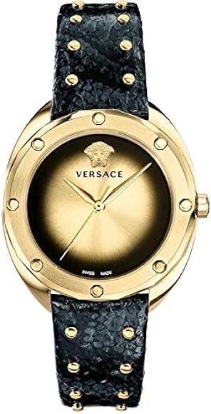 Versace Shadov Quartz Gold Dial Black Leather Strap Watch for Women - VEBM00318 Buy Now By Versace