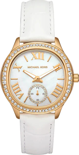 Michael Kors Sage Three-Hand Mother of Pearl White Dial White Leather Strap Watch for Women - MK4818 Buy Now By Michael Kors