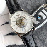 Emporio Armani Meccanico Silver Skeleton Dial Black Leather Strap Watch For Men - AR2072 Buy Now By Emporio Armani