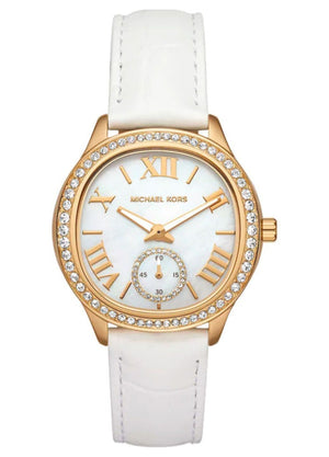 Michael Kors Sage Three-Hand Mother of Pearl White Dial White Leather Strap Watch for Women - MK4818 Buy Now By Michael Kors