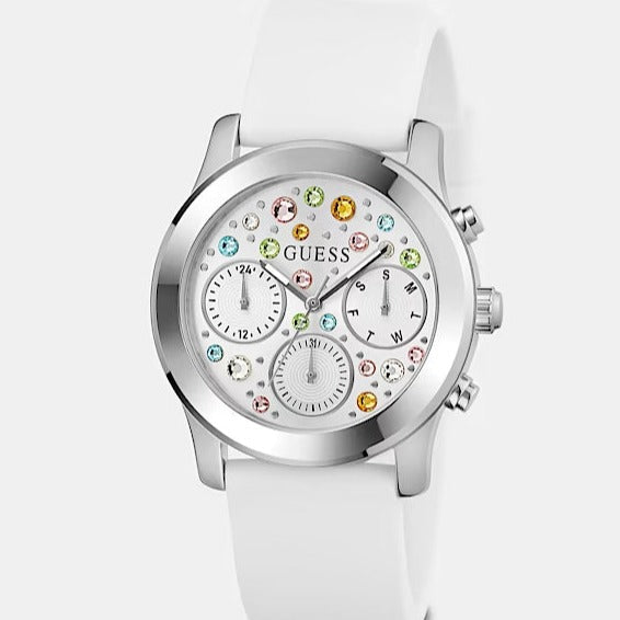 Guess Wanderlust Crystals Silver Dial White Rubber Strap Watch For Women - W1059L3 Buy Now By Guess