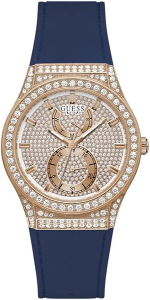 Guess Multifunction Crystals Rose Gold Dial Blue Rubber Strap Watch For Women - GW0439L4 Buy Now By Guess