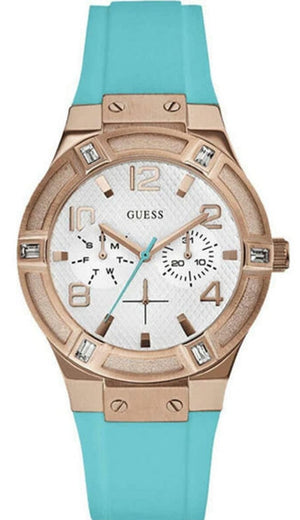 Guess Jet Setter White Dial Turquoise Silicone Strap Watch For Women - W0564L3 Buy Now By Guess
