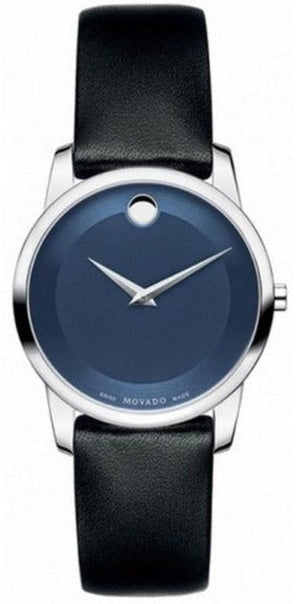 Movado Museum Blue Dial Black Leather Strap Watch For Women - 0606611 Buy Now By Movado