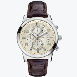 Guess Exec Chronograph White Dial Brown Leather Strap Watch For Men - W0076G2 Buy Now By Guess
