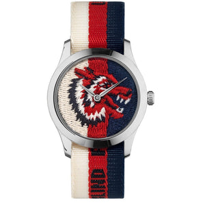Gucci G Timeless Quartz White Red Blue Dial Multicolored NATO Strap Watch For Men - YA1264059 Buy Now By Gucci